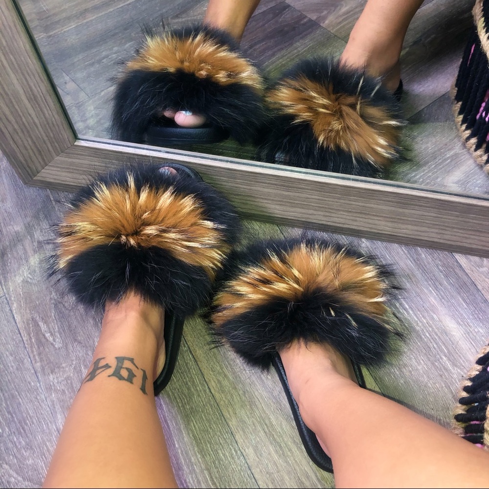 Black & Brown Fur Slides
